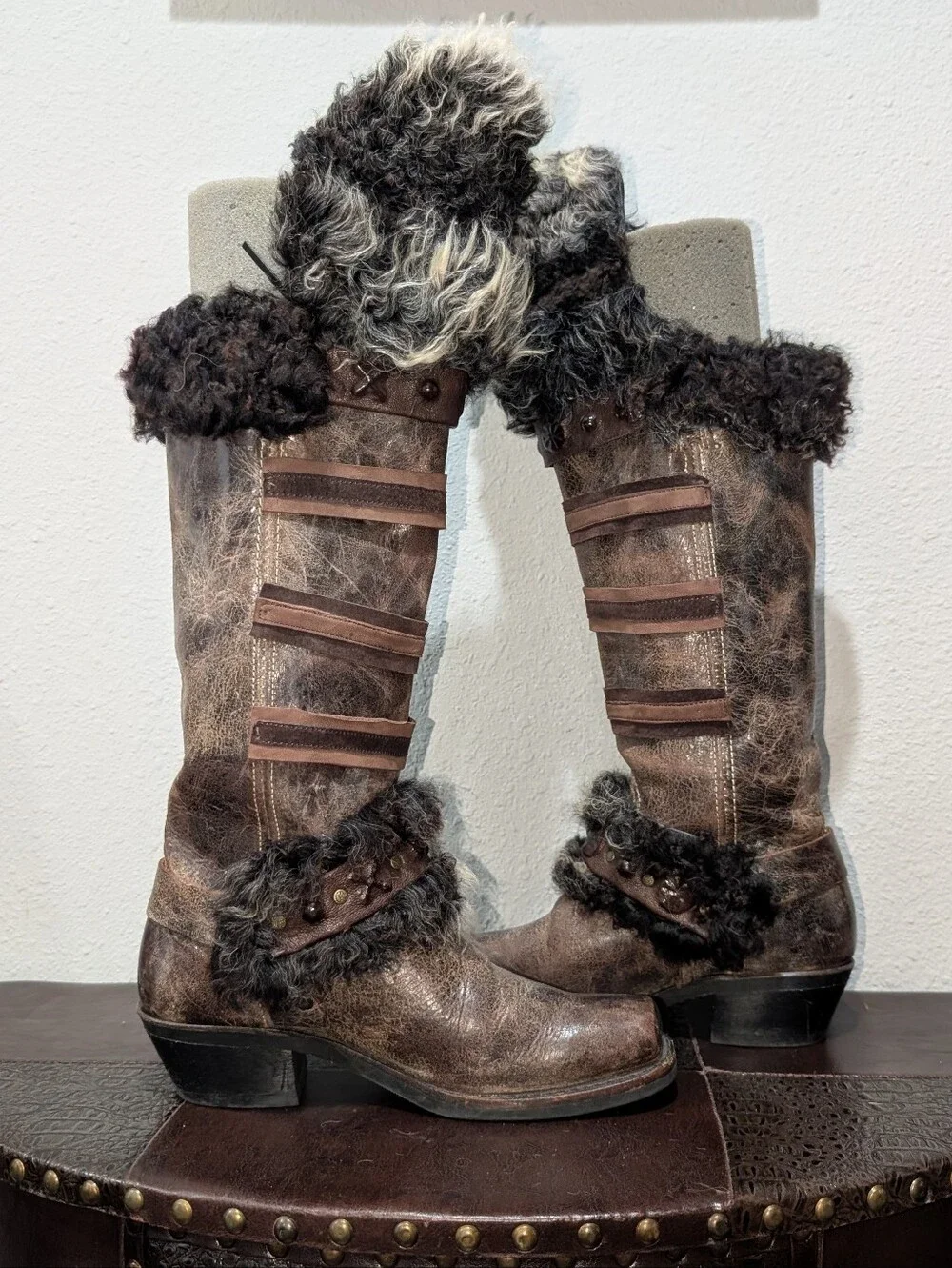 ​🔥FRYE One-of-a-Kind Custom Reworked 15R Tall Harness Boots Sheep Fur Burner 9